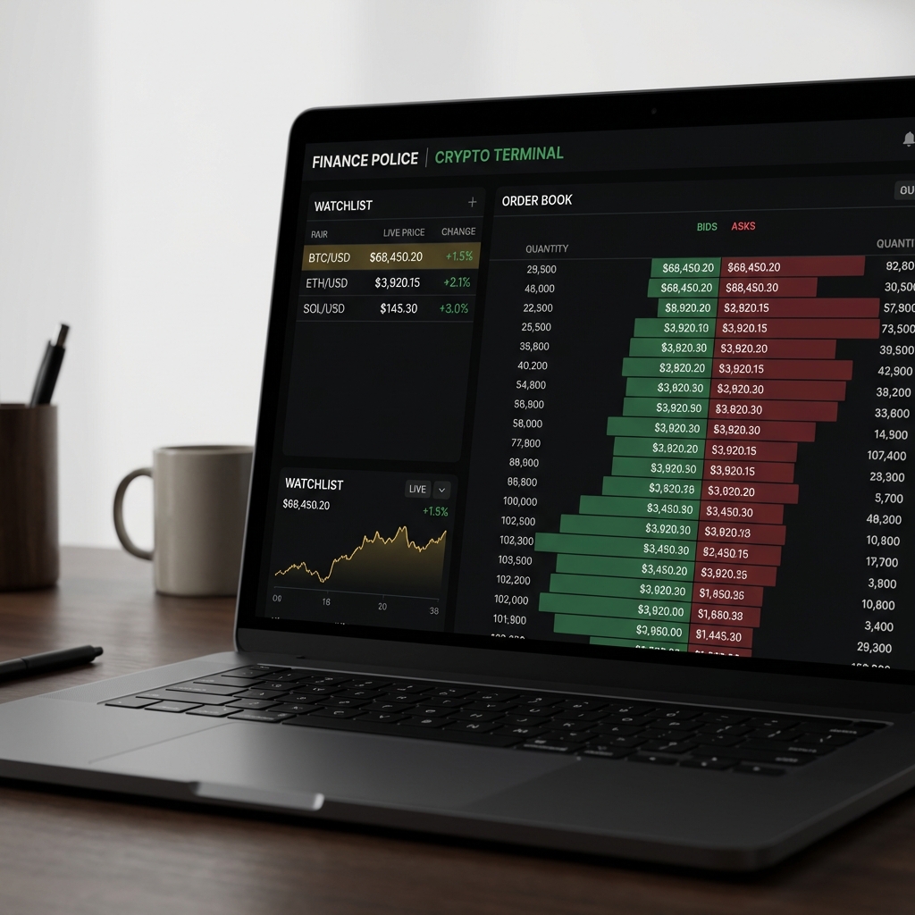 Close up laptop screen showing crypto market data and order book depth on a clean dark desk in Finance Police colors 0f0f0f 4aa568 best crypto buy today