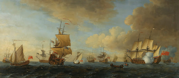 An English Frigate Under Sail Firing A Gun With Shipping At Anchor And Under Sai
