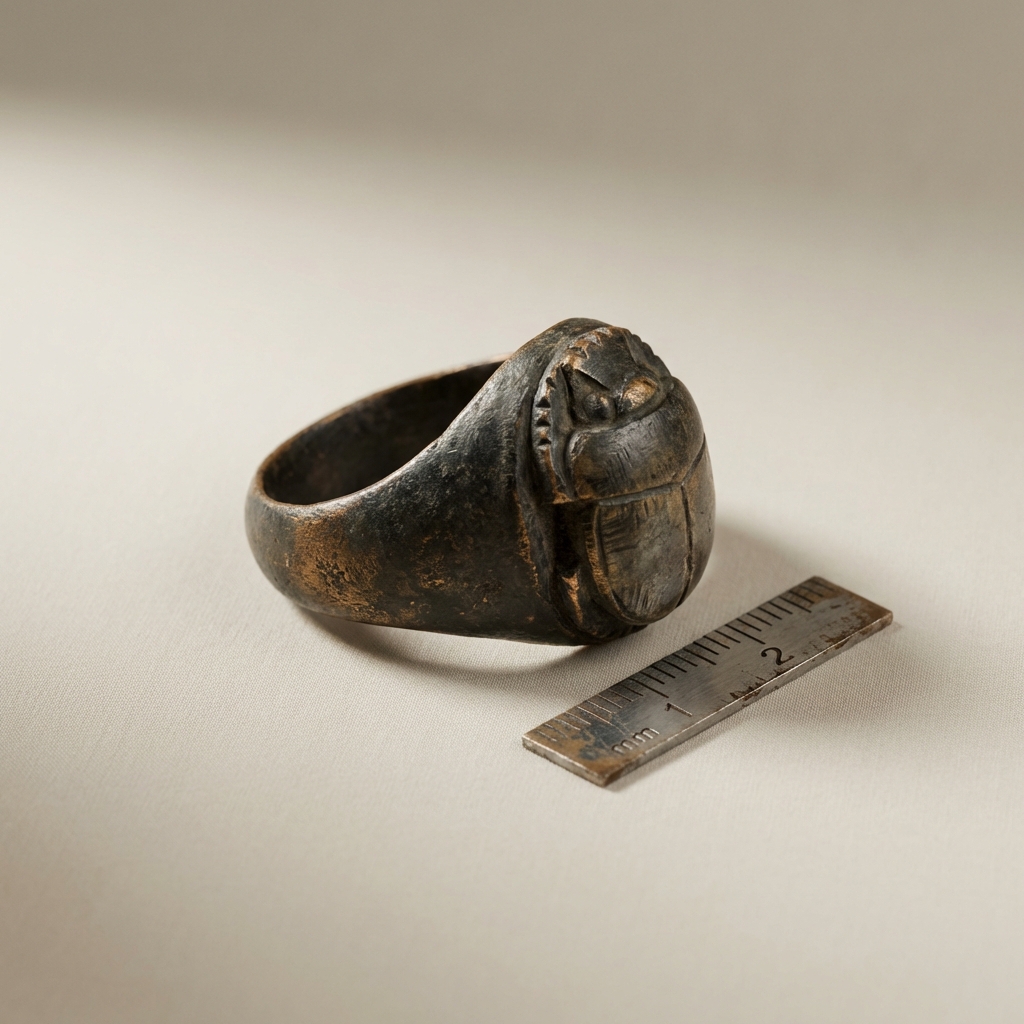 Macro photograph of an antique scarab ring base and carved device with a millimetre scale showing toolmarks patina and surface detail on an Aurora Antiqua neutral background