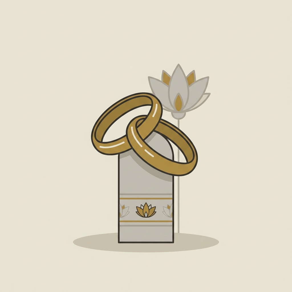 Minimalist 2D vector of two wedding rings mid exchange on an abstract finger column egyptian wedding ring finger with lotus and geometric band motifs in Aurora Antiqua palette