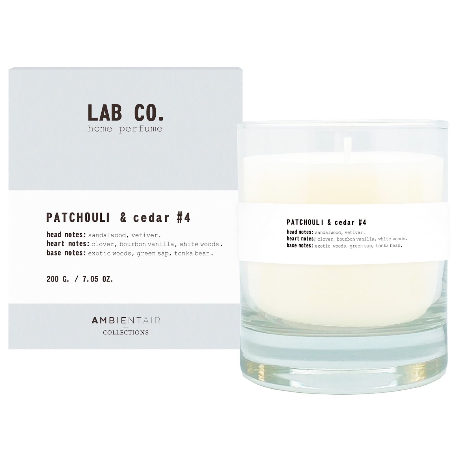 Vela en vaso de vidrio Ambientair™ Lab Co.™ aroma pachulí y cedro, 200 g