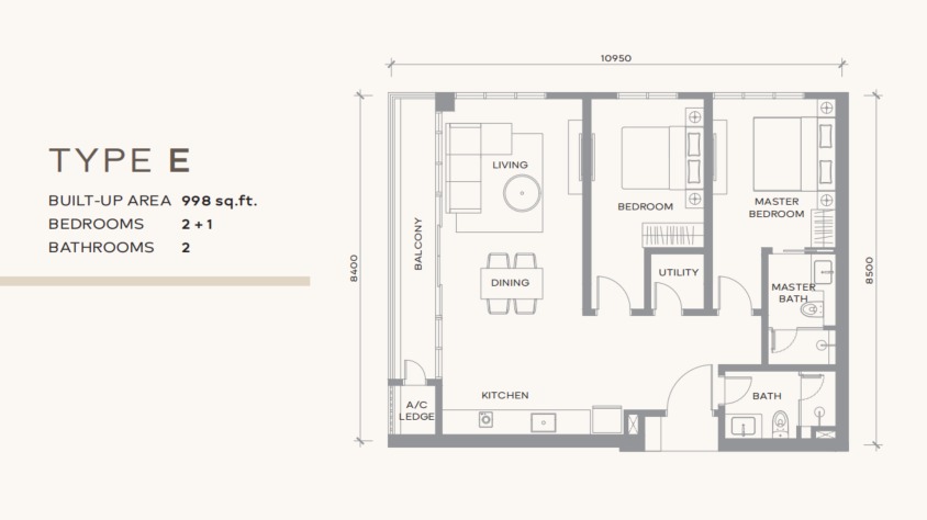 Khaya Residence Type E floor plan — 949 sq ft, 3 bedrooms