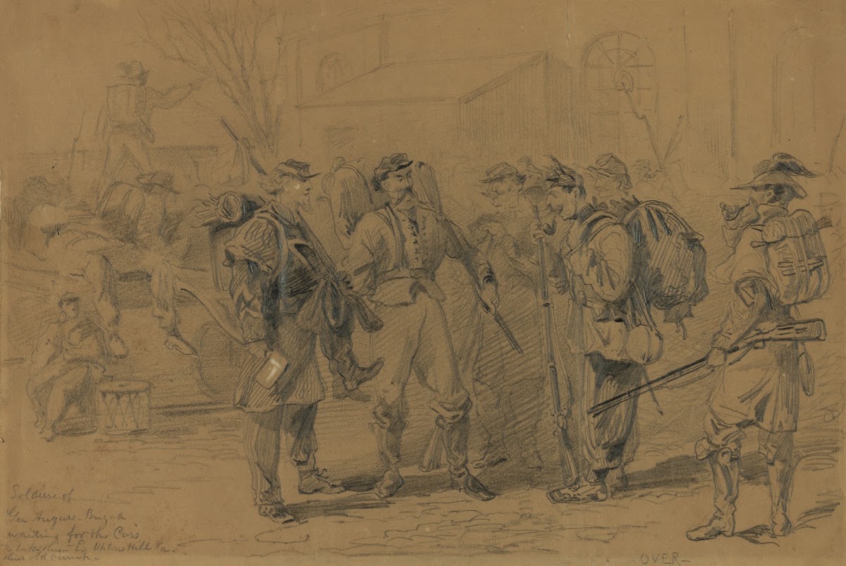 Soldiers of Gen Augurs Brigade waiting for the cars to take them to Uptons Hill