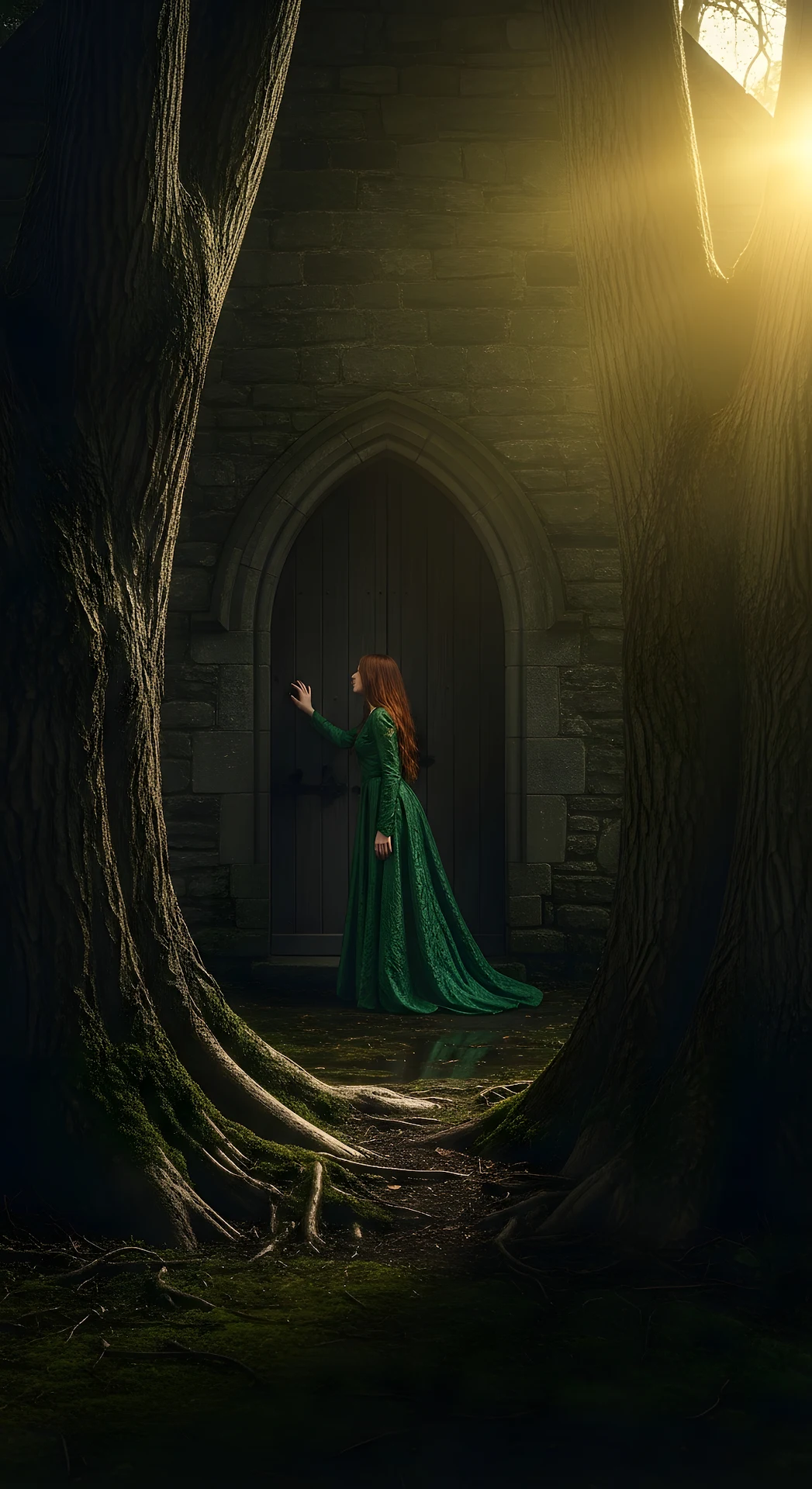 Enchanted Fantasy Scene of a Woman Knocking on a Dark Wooden Door Framed by Ancient Tree Roots and Sun Flare - Free 4K mobile Wallpaper