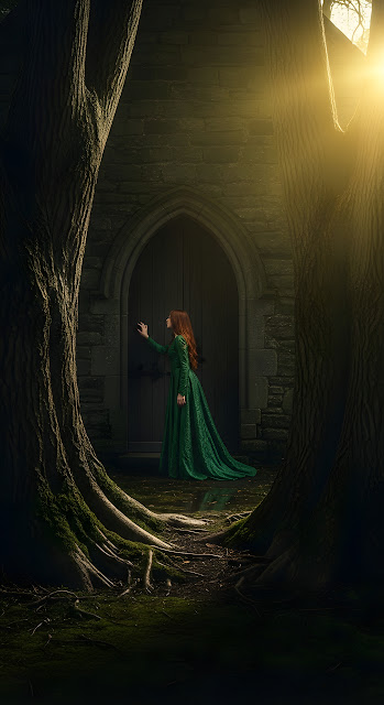 Enchanted Fantasy Scene of a Woman Knocking on a Dark Wooden Door Framed by Ancient Tree Roots and Sun Flare - Free mobile Wallpaper