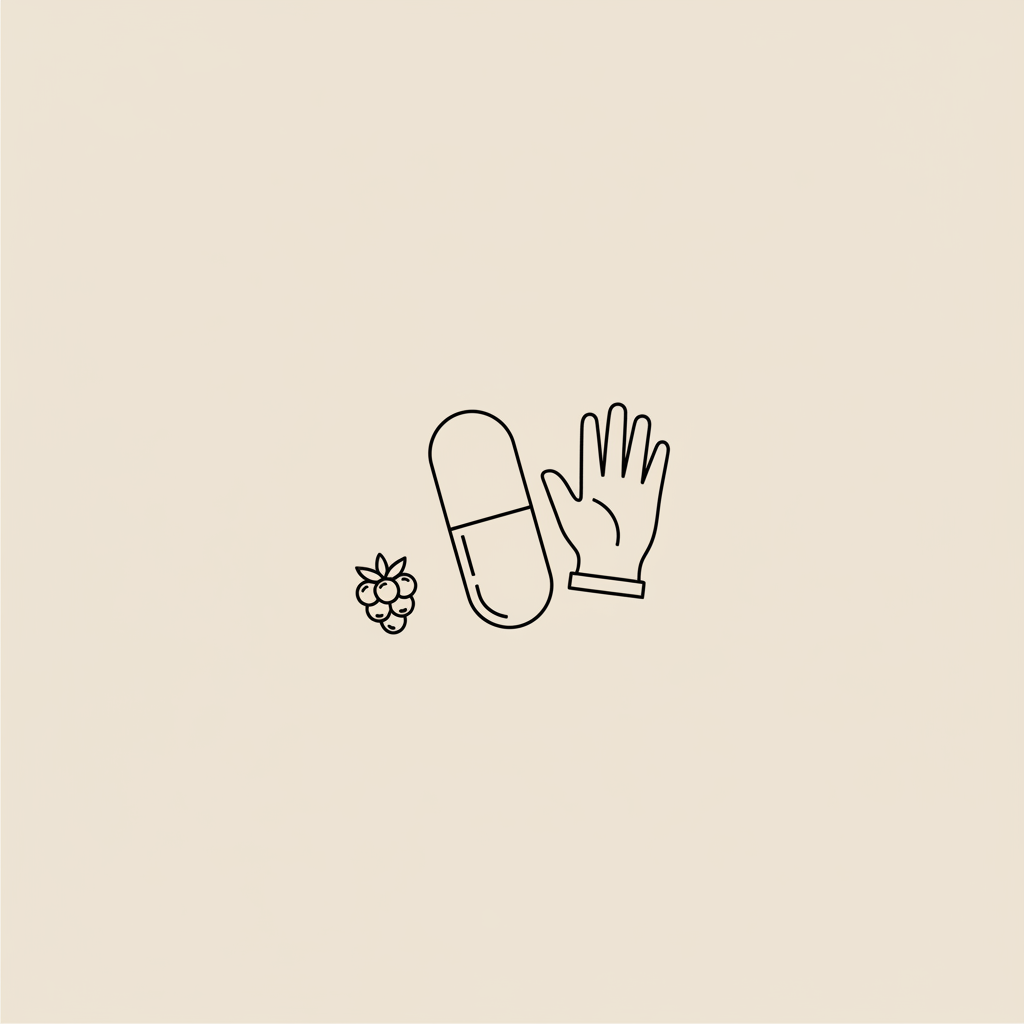 Ozempic hands: minimalist Tonum-style line illustration of a capsule beside a glove outline and small berry on beige #F2E5D5 background, thin black outlines, no fill.