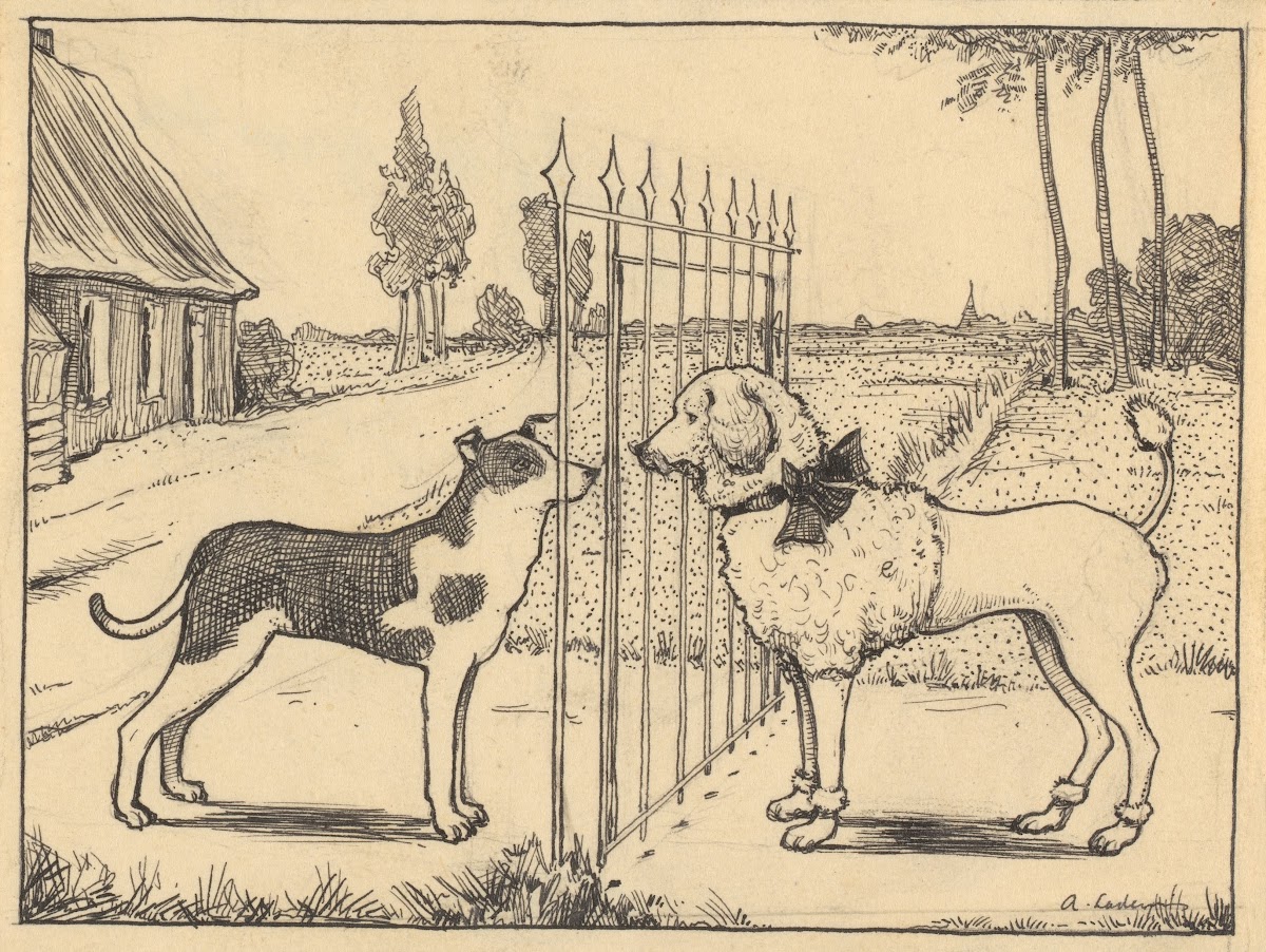 Honden Tilo en Poedel bij een hek