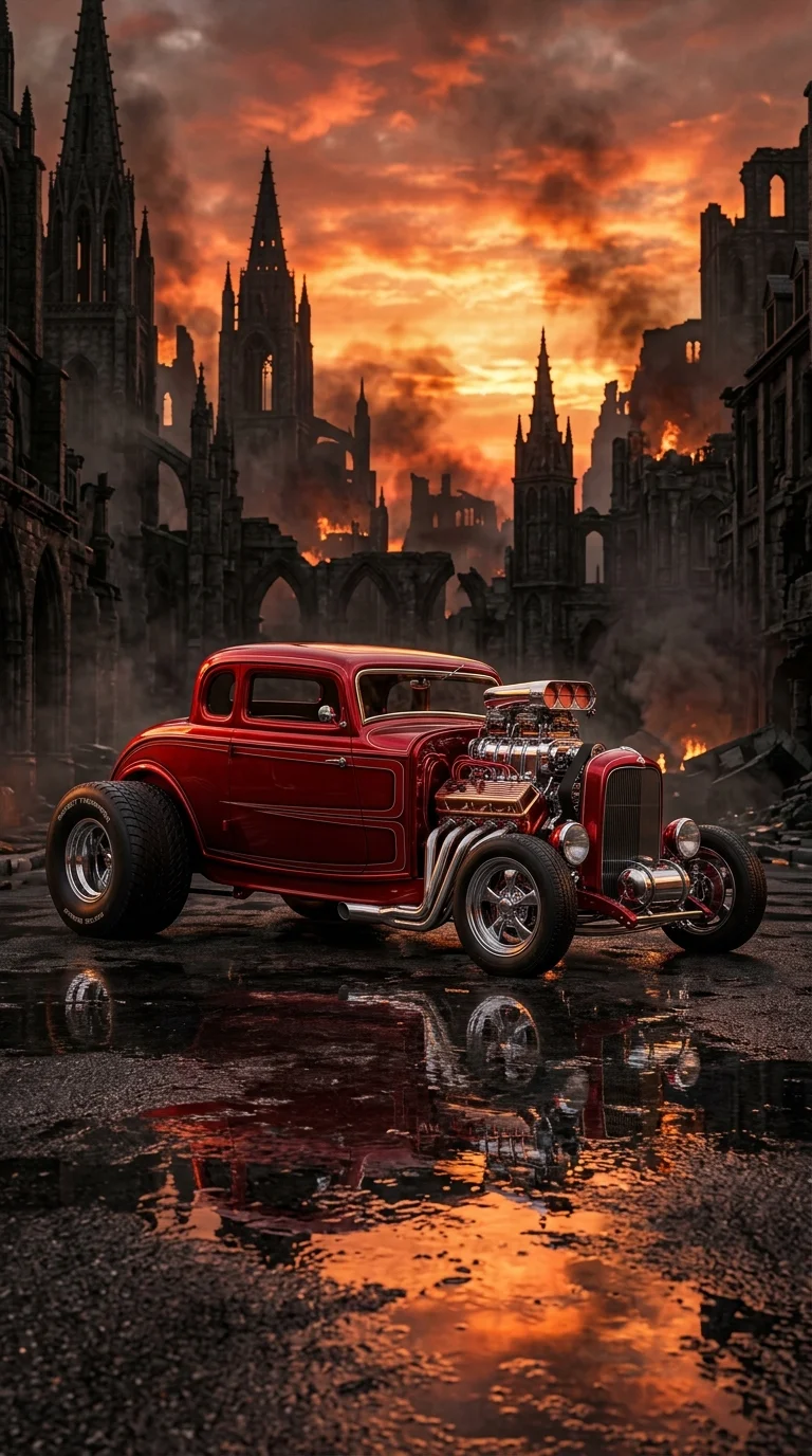 Red Hot Rod Car in Post-Apocalyptic City Ruins at Sunset - Free 4K mobile Wallpaper