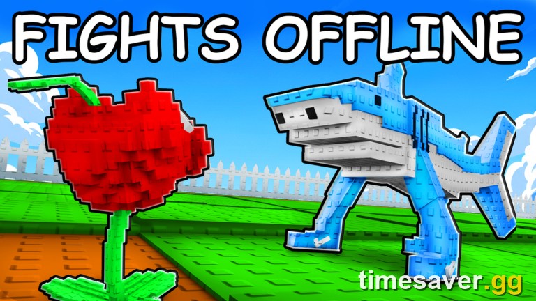 Plants vs Brainrots official artwork of a heart plant facing a shark brainrot, captioned Fights Offline