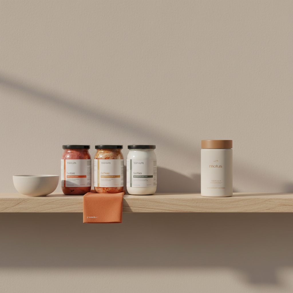 Minimalist kitchen shelf with kefir jars, labeled kimchi jars and a Tonum supplement jar placed to the side against a neutral beige background — Mayo Clinic probiotics