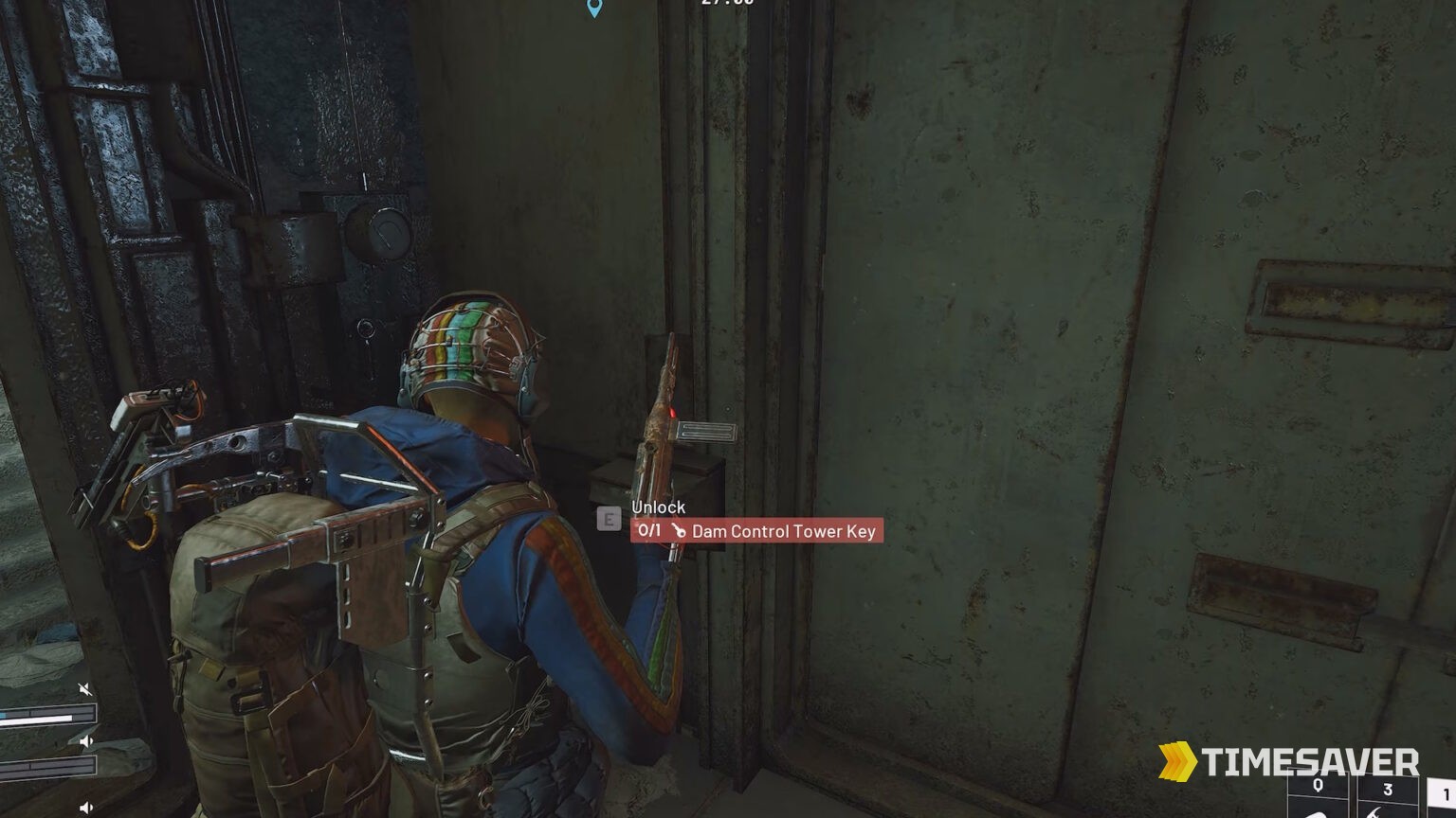 ARC Raiders Dam Control Tower locked door showing the Unlock Dam Control Tower Key interaction prompt