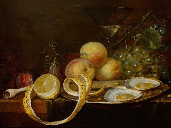 Tabletop still life including two oysters on a pewter dish a wine glass a partia