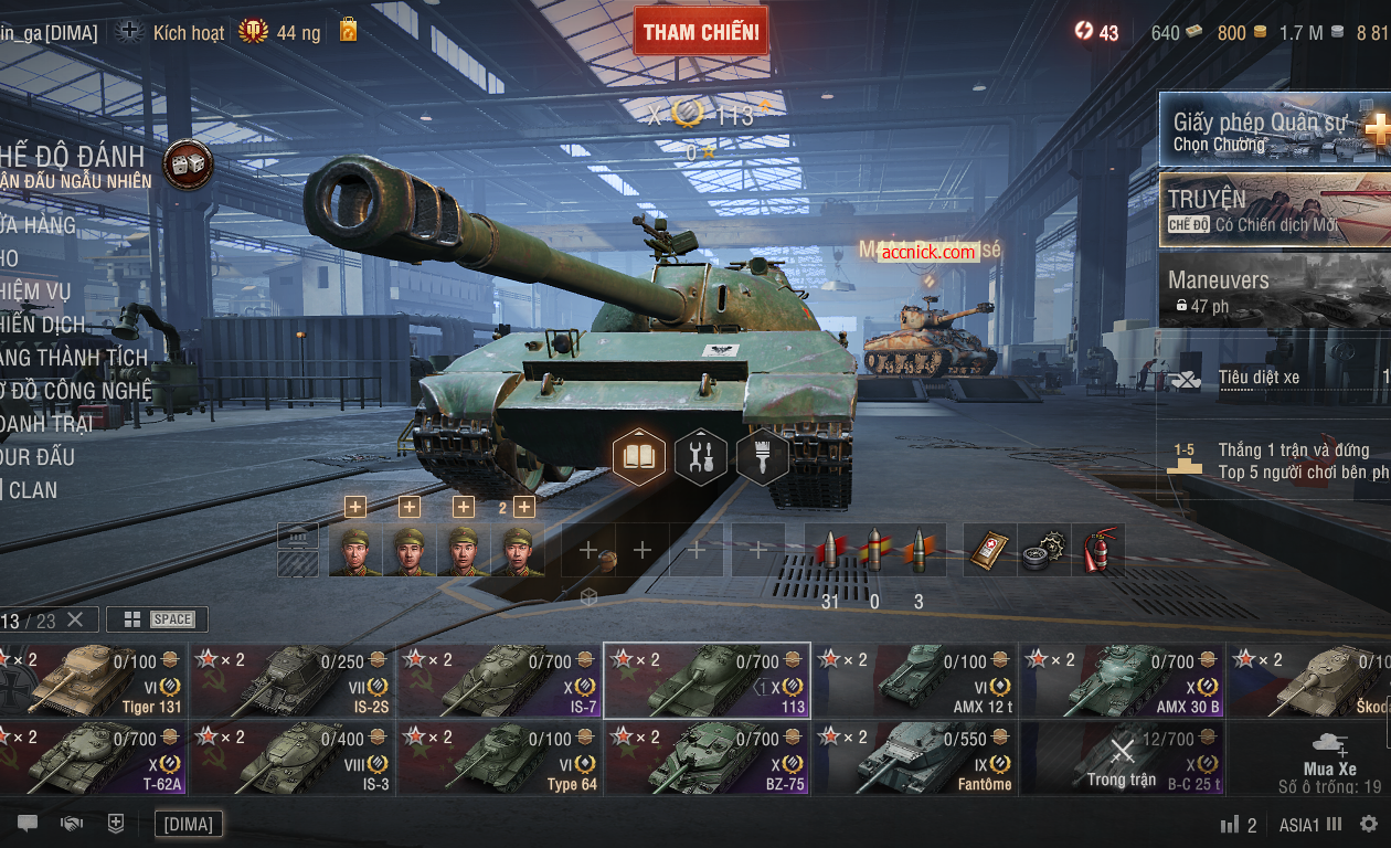 Acc World of Tanks PC gồm 6 tank X BZ-75, 113, IS-7, T-62A,...