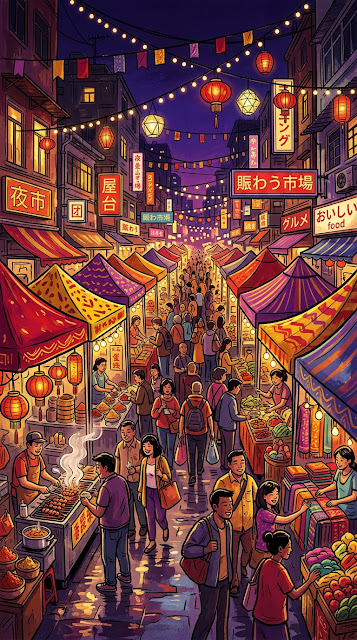 Vibrant Night Street Market with Colorful Awnings and Lights - Free mobile Wallpaper