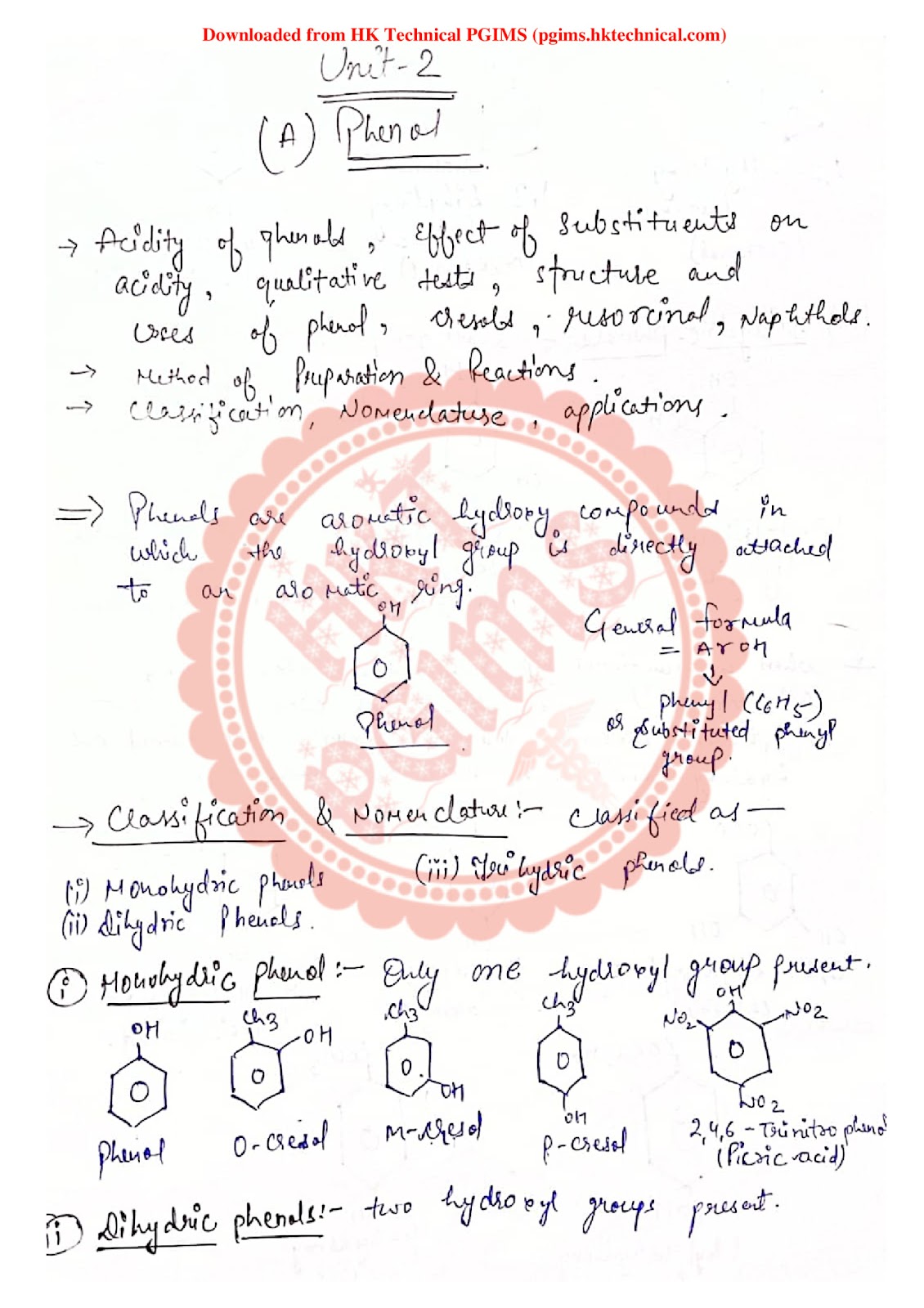 Unit-2 Phenol Organic Chemistry-II Handwritten Notes 3rd Semester B.Pharmacy Lecture Notes,BP301T Pharmaceutical Organic Chemistry II,BPharmacy,Handwritten Notes,BPharm 3rd Semester,Important Exam Notes,