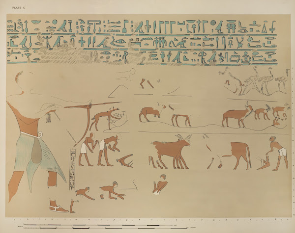 Outdoor sports and occupations Sebeknekht bending his bow two ploughmen ploughin