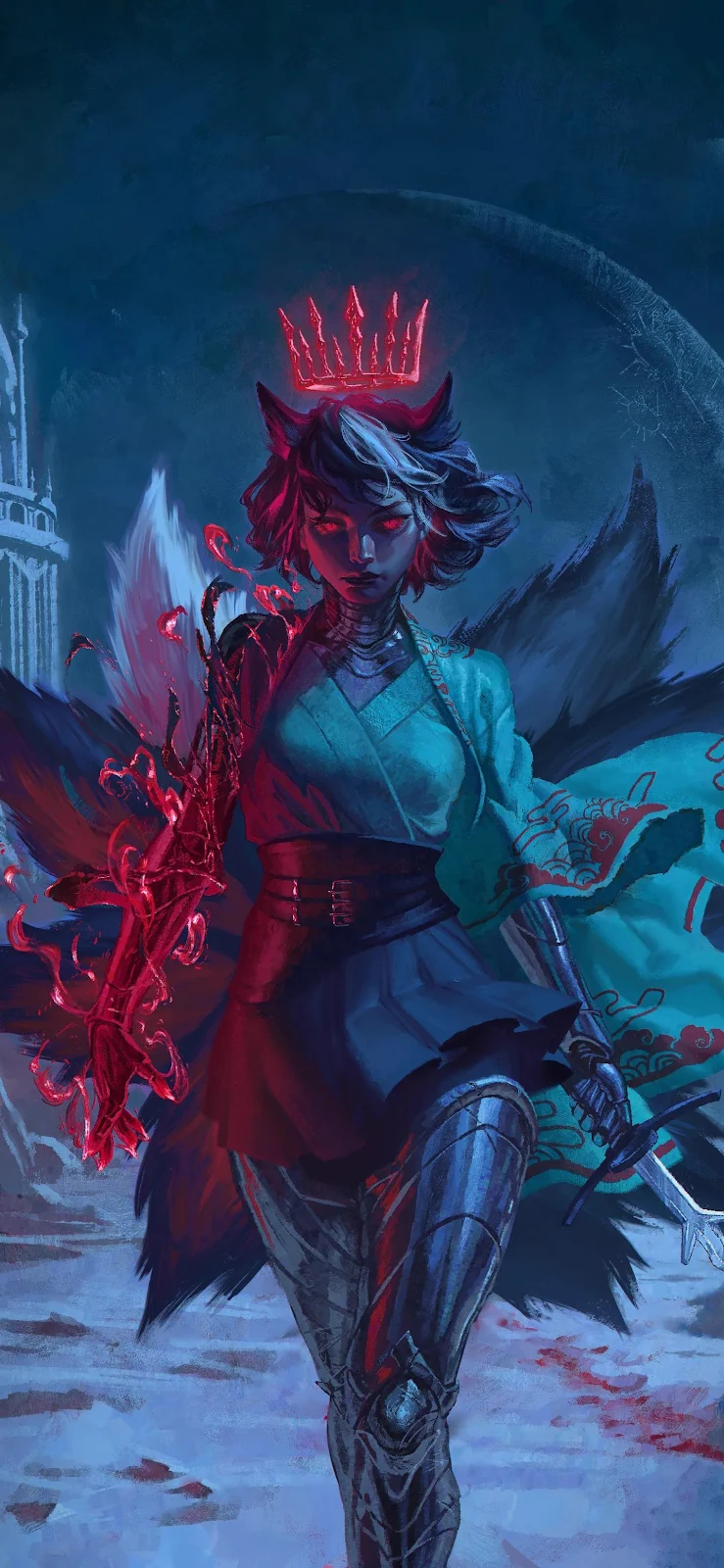 Cybernetic Kitsune Warrior In Blue - Digital Concept Art 2K iPhone Wallpaper (1520x3293)