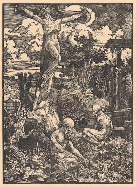 Gekruisigde man in heuvellandschap