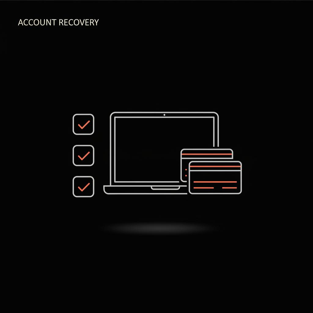 Vector infographic: checklist, laptop silhouette, and backup-code cards on black background to recover email without phone number and password