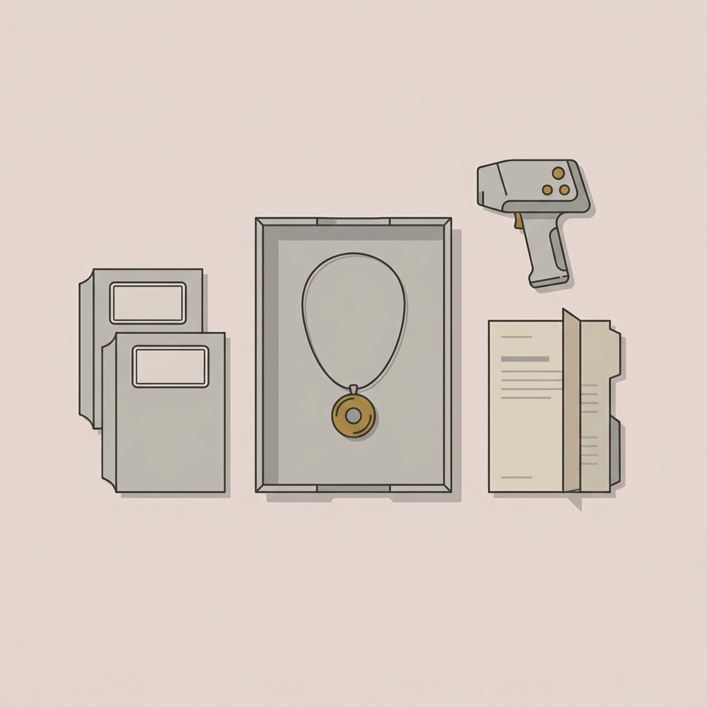 real roman coin necklace on a curator desk with archival photo sleeves blank labels printed auction lot record and a portable XRF instrument in a minimalist Aurora Antiqua palette