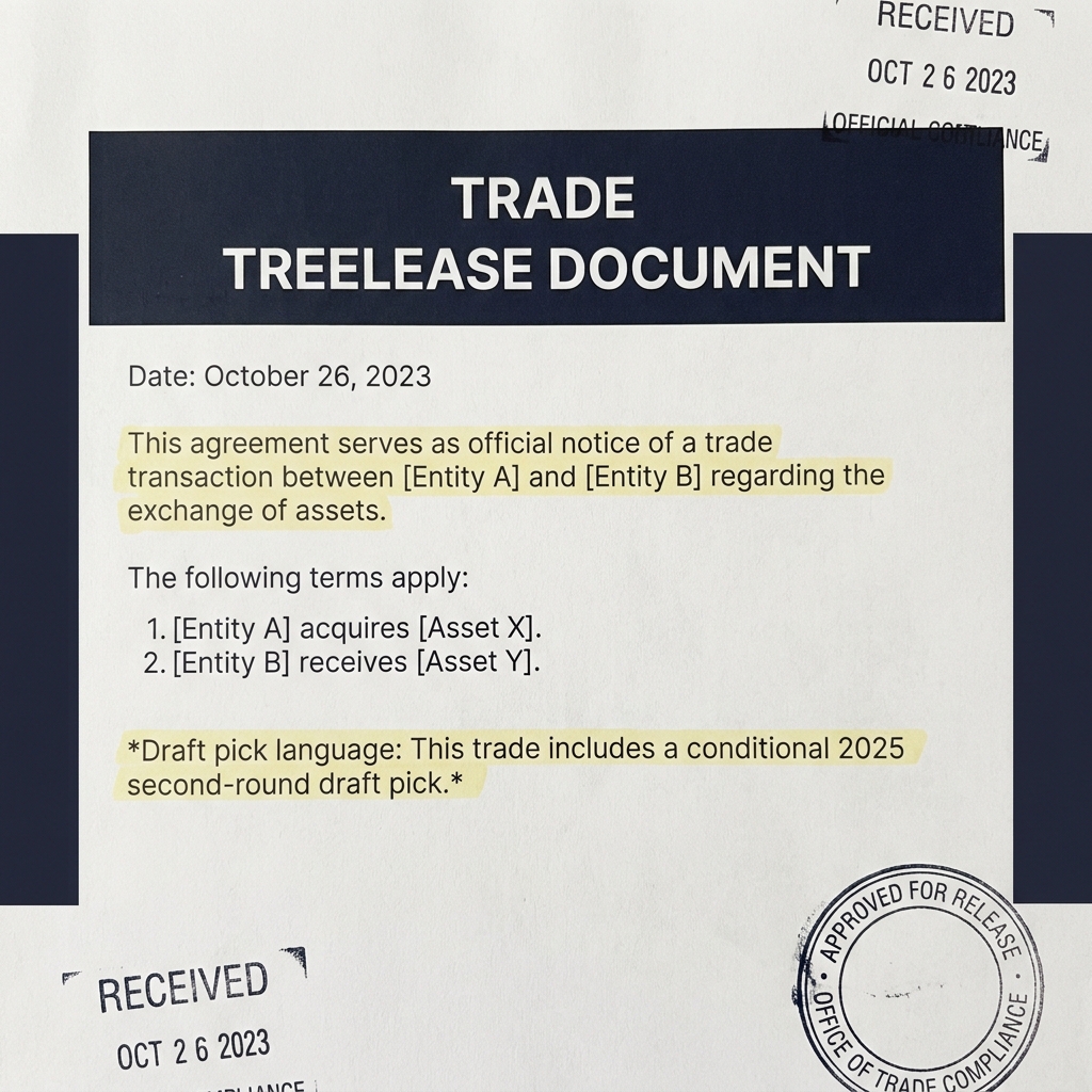 Close up photo of a printed trade release with date stamps and highlighted draft pick language in minimalist Funded Plays style focused on bucks prediction