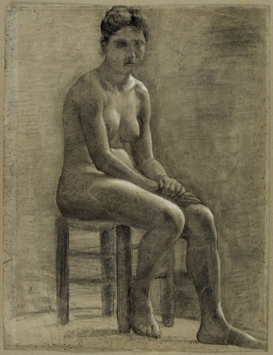 Femme nue assise sur un tabouret les mains croisées modèle 1896