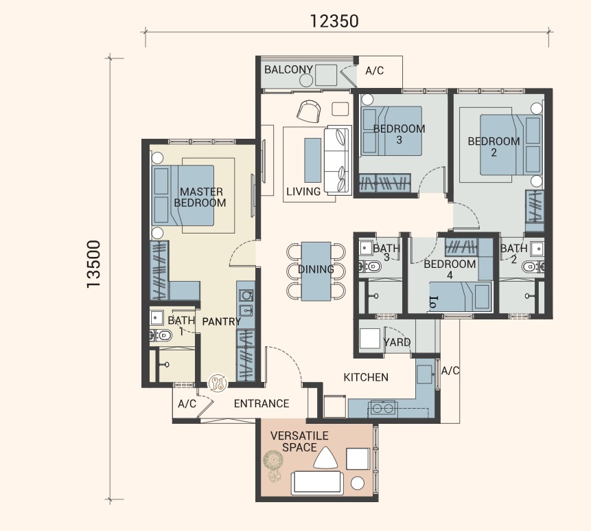 Veridian Type C1 floor plan — 1302 sq ft, 4 bedrooms