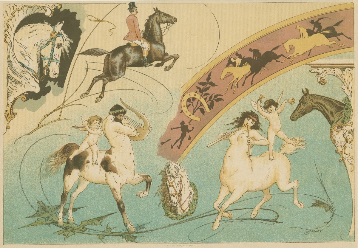Decorative Design With Centaurs Cherubs Horses And Horseback Riders 1889   1928