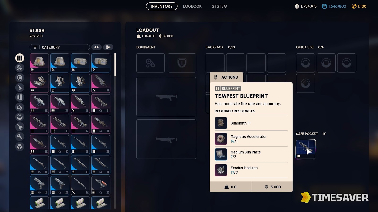 ARC Raiders in-game Tempest Blueprint tooltip showing the required resources — Gunsmith III, Magnetic Accelerator, Medium Gun Parts and Exodus Modules