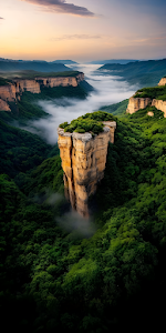 Majestic Stone Pillar Rising from Misty Green Valley at Sunset