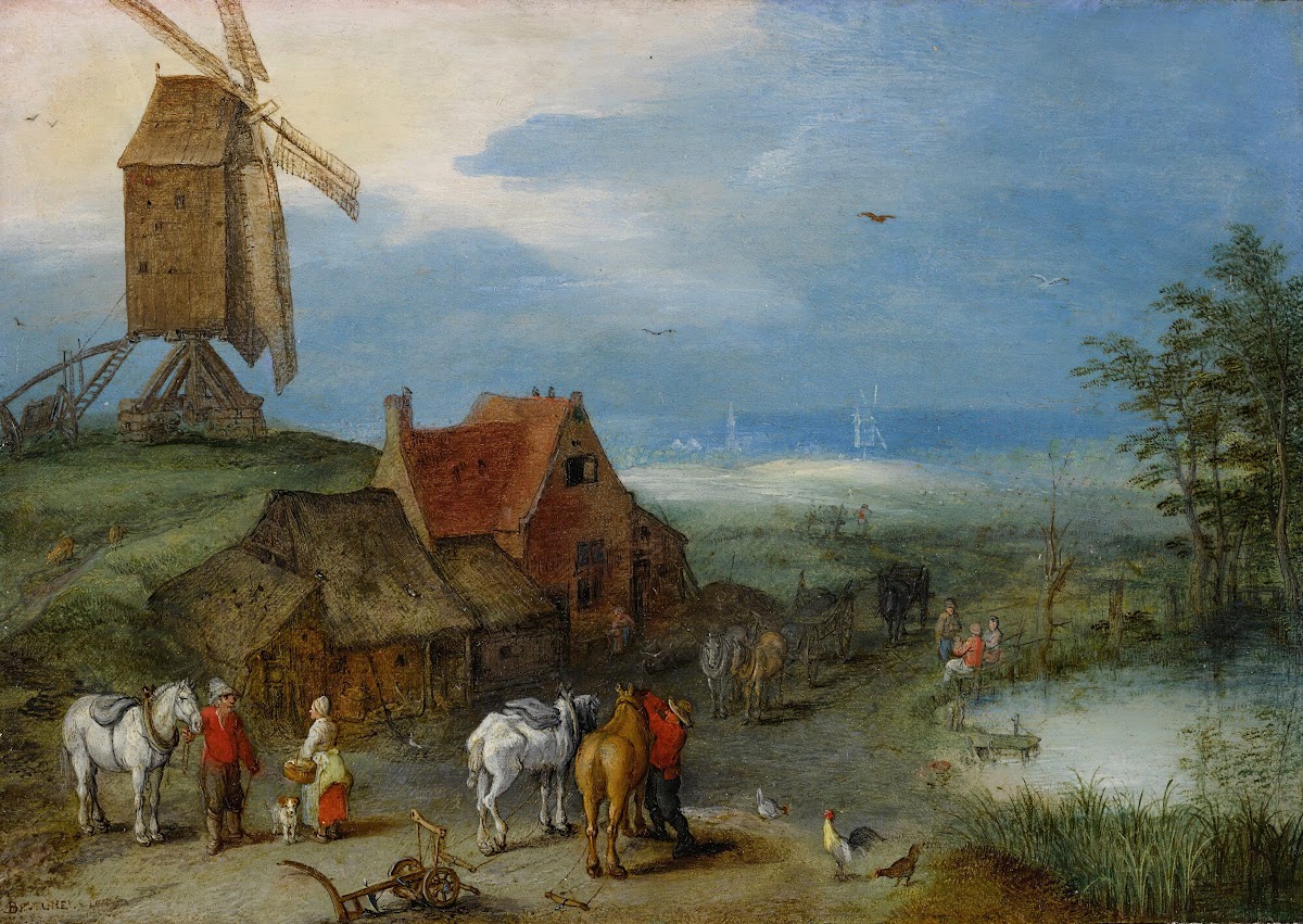 Landscape With A Windmill Various Figures Horses And Animals Near A Farmstead 16