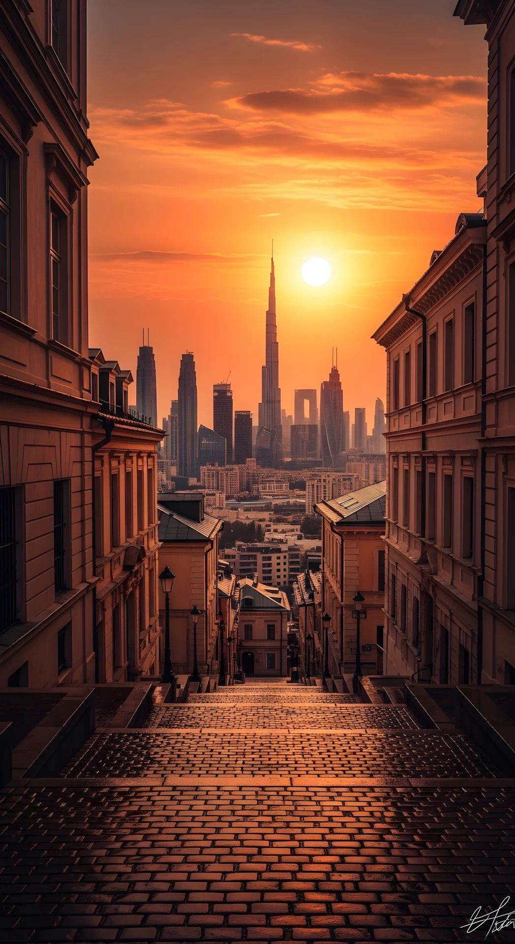 Cobblestone Steps Leading to a Modern City Skyline Sunset - Free 4K mobile Wallpaper