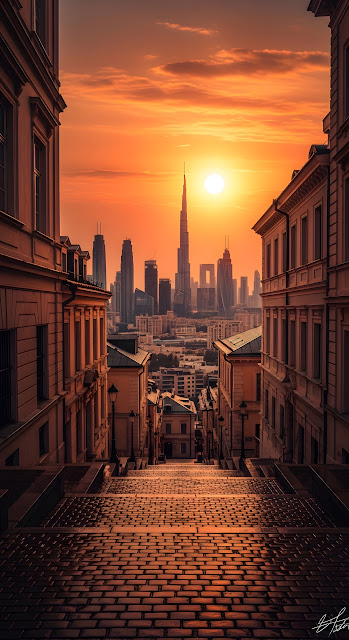 Cobblestone Steps Leading to a Modern City Skyline Sunset - Free mobile Wallpaper