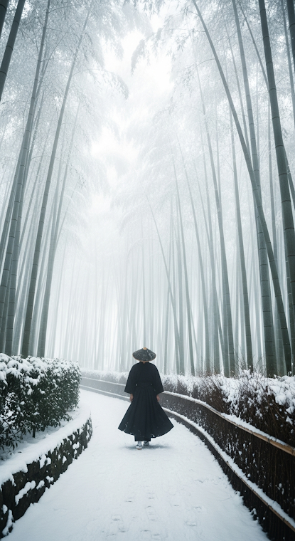 Samurai in Snowy Bamboo Path