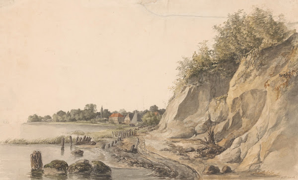 Rotsachtige rivieroever met op de achtergrond enkele huizen 1818   1865