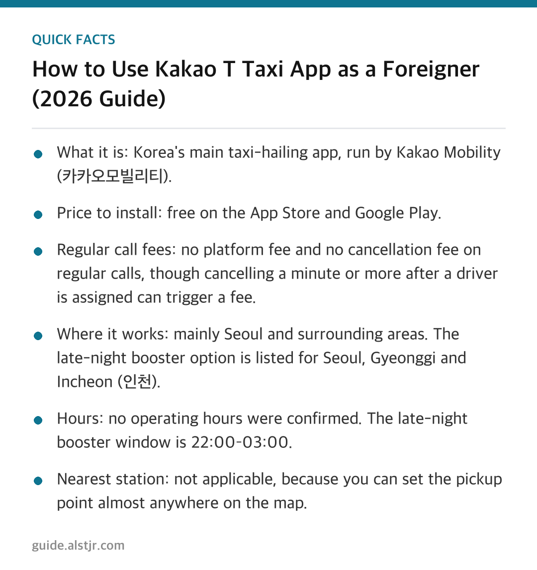Quick facts - How to Use Kakao T Taxi App as a Foreigner (2026 Guide)