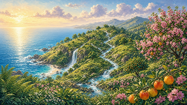 바다에서 솟은 땅과 돋아나는 식물 (창 1:9-13) — 오리진 바이블 1주차 천지창조 무료 이미지