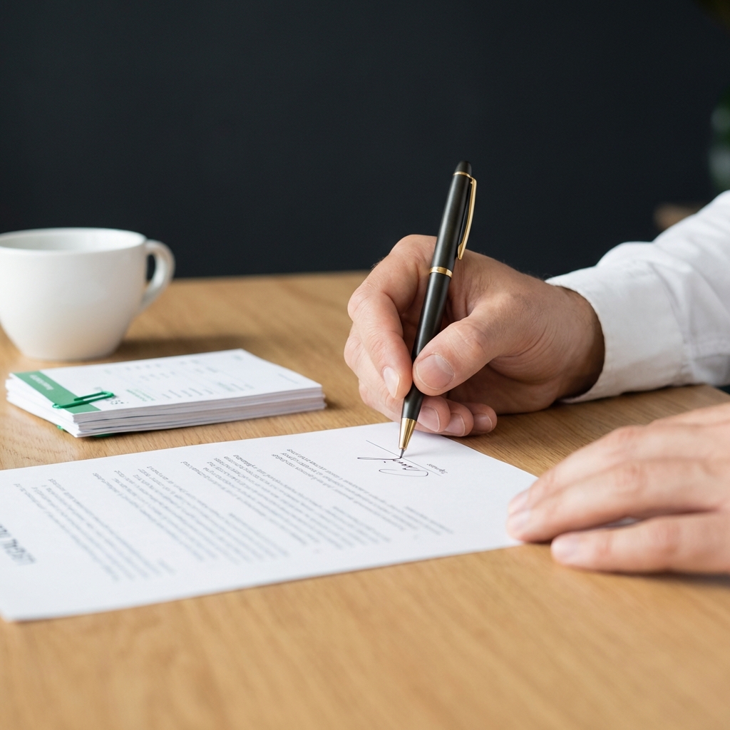 Close up of hands signing legal documents with financial papers and a coffee cup on a charcoal background illustrating how to establish a hedge fund