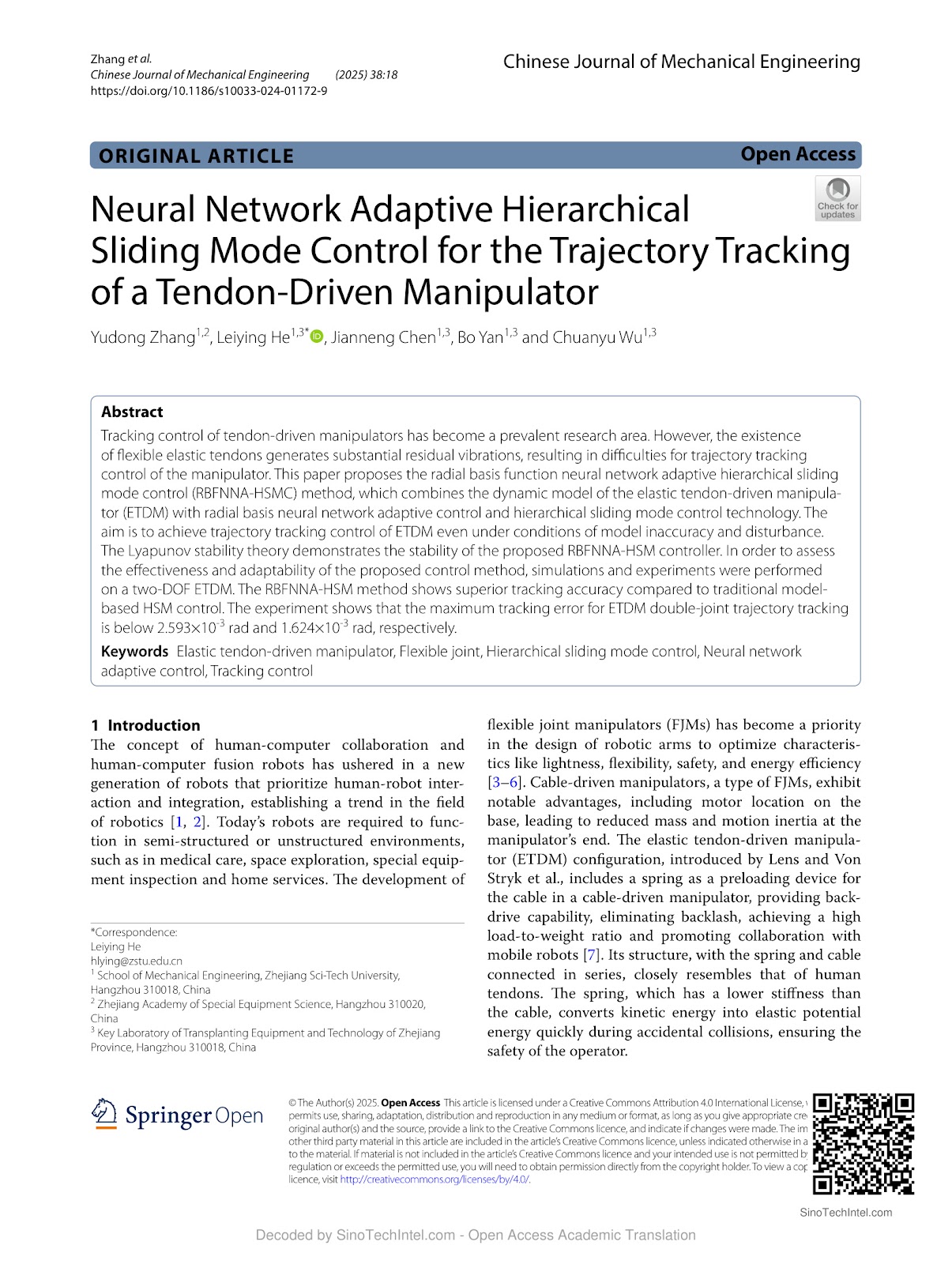 Neural Network Adaptive Hierarchical Sliding Mode Control for the Trajectory Tracking of a Tendon-Driven Manipulator