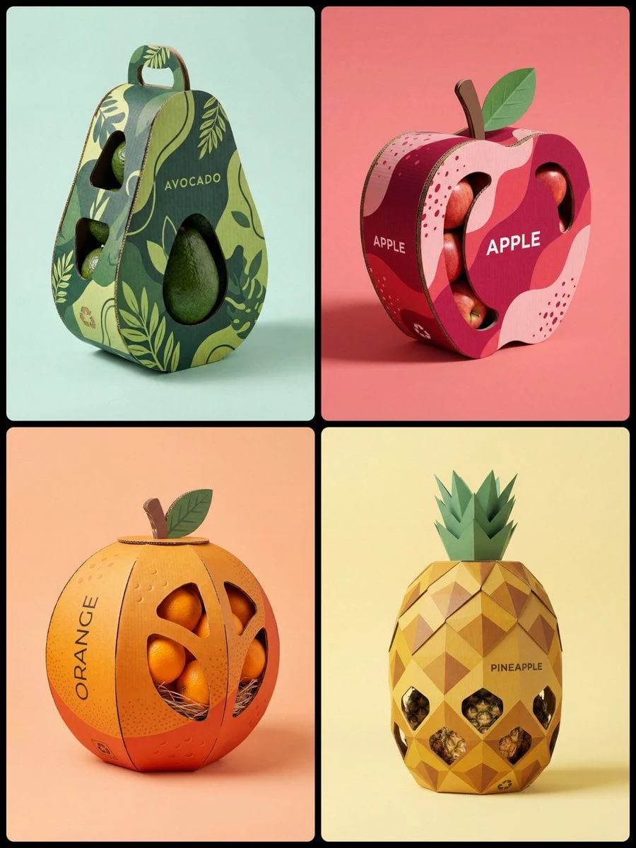 Fotografía profesional de alta calidad de un diseño de embalaje estructural creativo para [Nombre de la fruta].