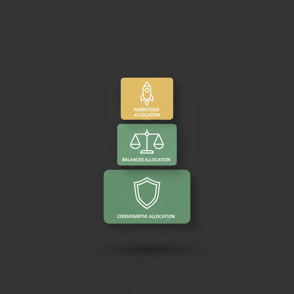 Minimalist 2D vector of three stacked blocks with shield scale and rocket icons representing conservative balanced and aggressive allocations how to make money investing