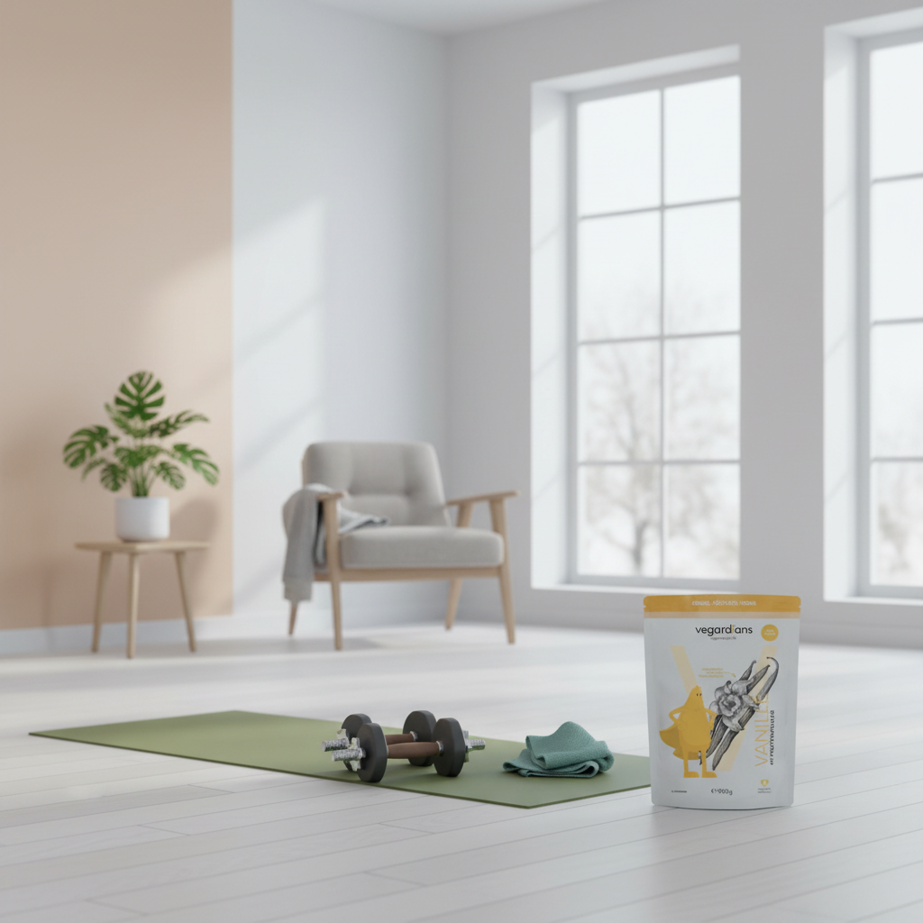 Minimalistische Heimtrainingsszene ohne Personen mit Yogamatte, Kurzhanteln und Vegardians-Produkt am Fenster in skandinavischem Stil, diffusem Licht — Gewichtsplateau