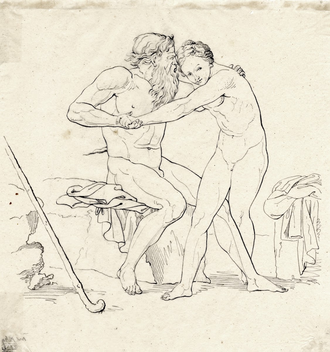Faun trying to embrace a nymph or young boy