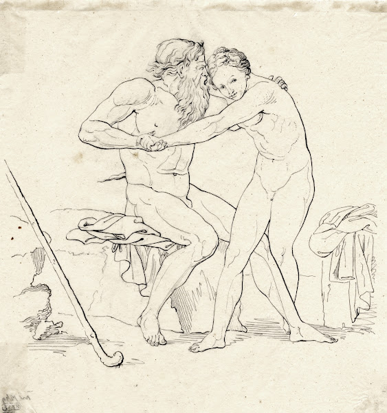 Faun trying to embrace a nymph or young boy