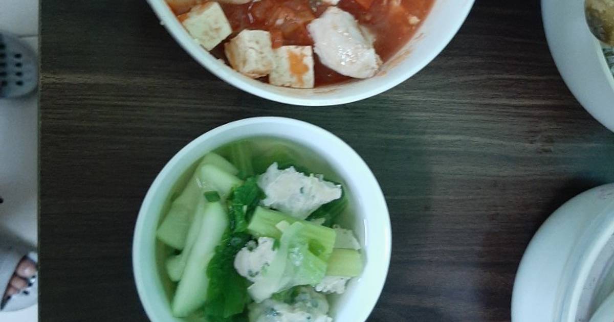 Đậu hủ cá thác lác sốt cà + canh bầu cải xanh cá thác lác