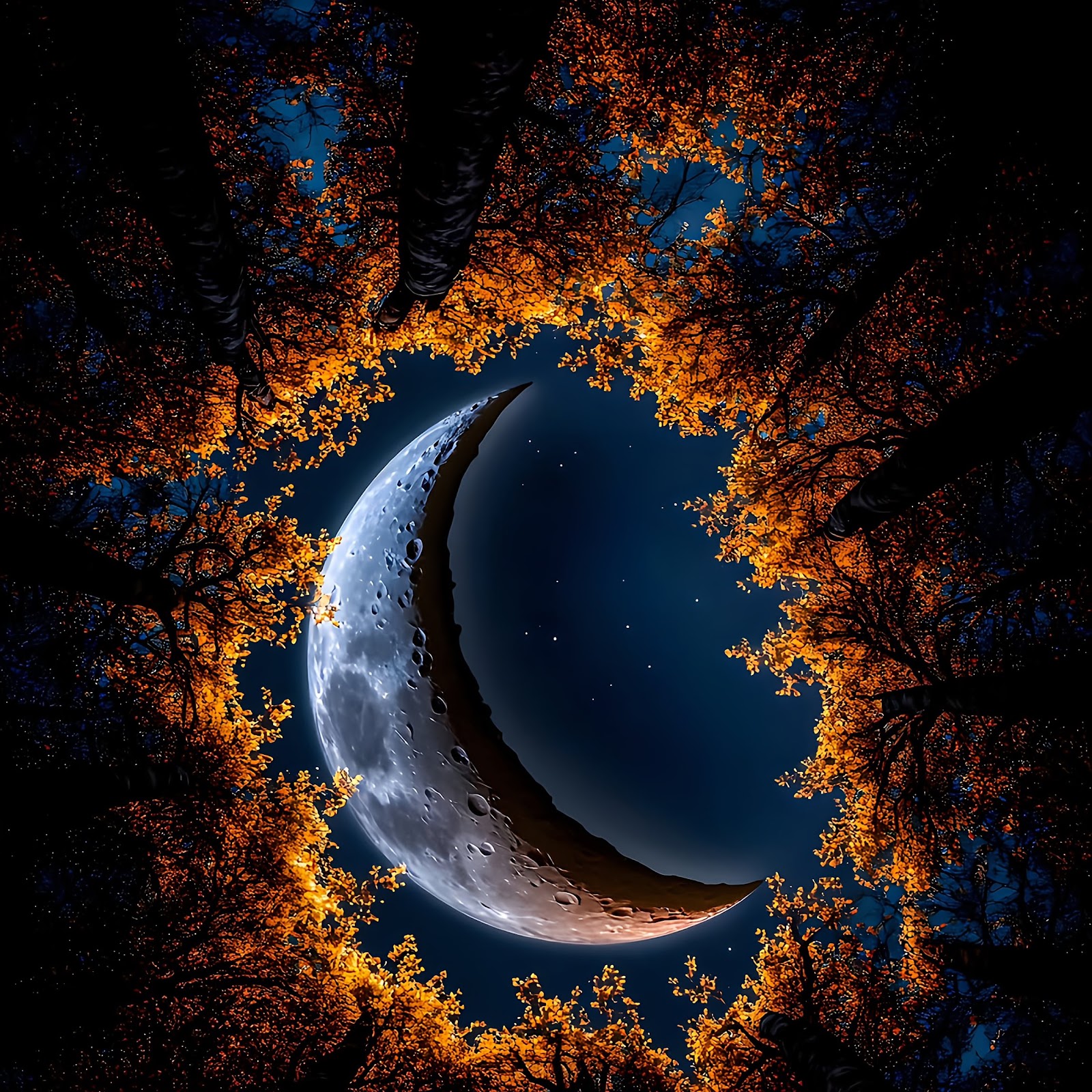 Download Crescent Moon, Night Sky, Autumnal, Treescape 4K iPhone