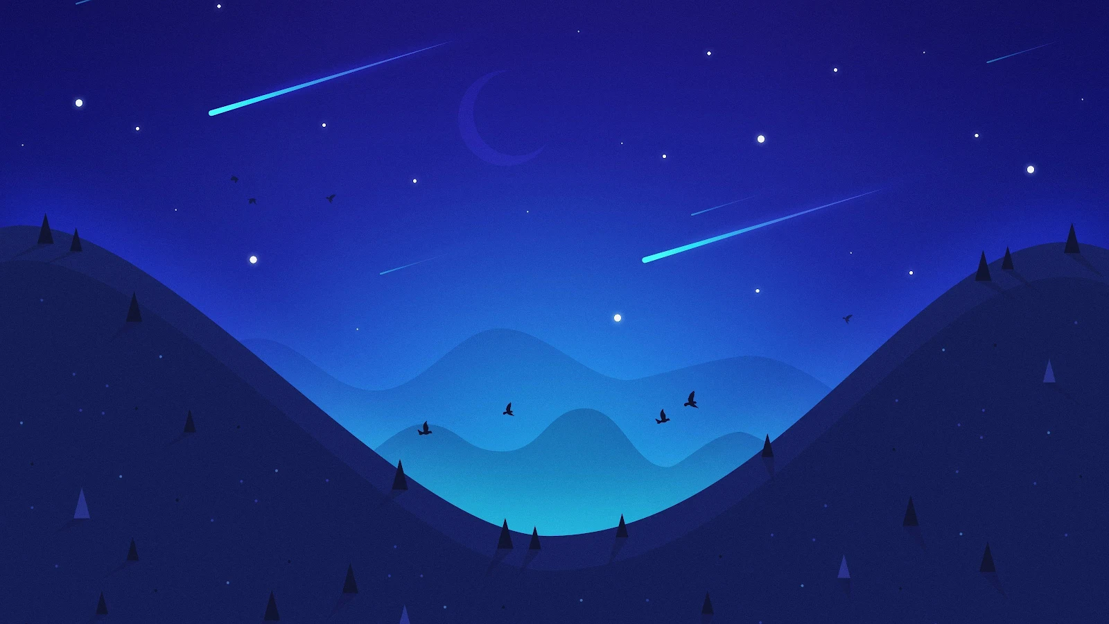 Landscape, Night, Blue, Illustration, Aesthetic 2K Desktop Wallpaper Background [3200x1800] Free Download