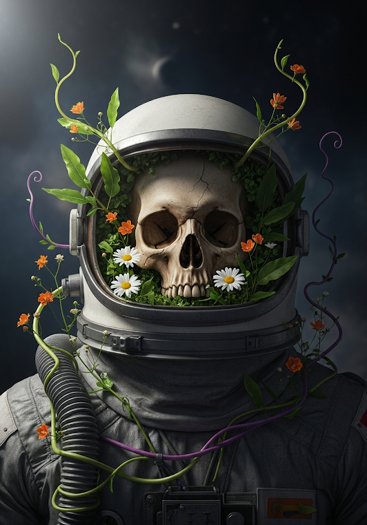 Astronaut Skull & Flowers | Cosmic Life Cycle Art