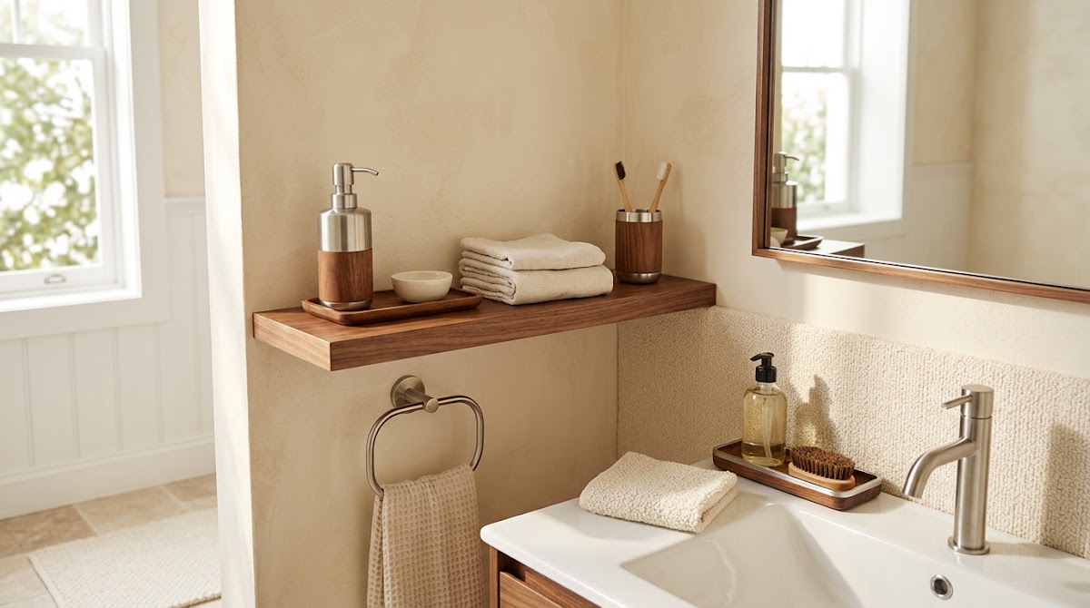 How to Warm Up Chrome Bathroom Accessories With Natural Wood - chrome decorative objects arranged on a warm wood console