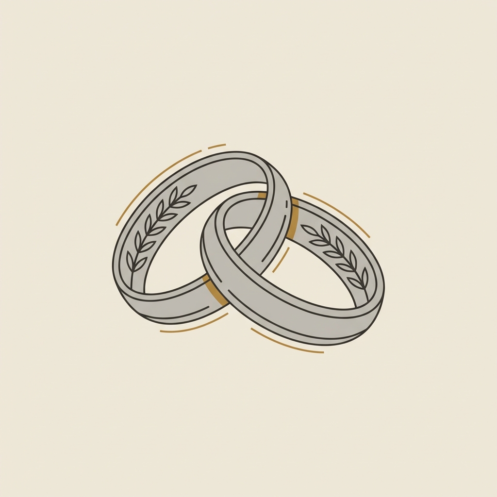 Minimal 2D vector of two overlapping ancient greek wedding rings on a warm beige background with clean laurel lines and subtle golden accents